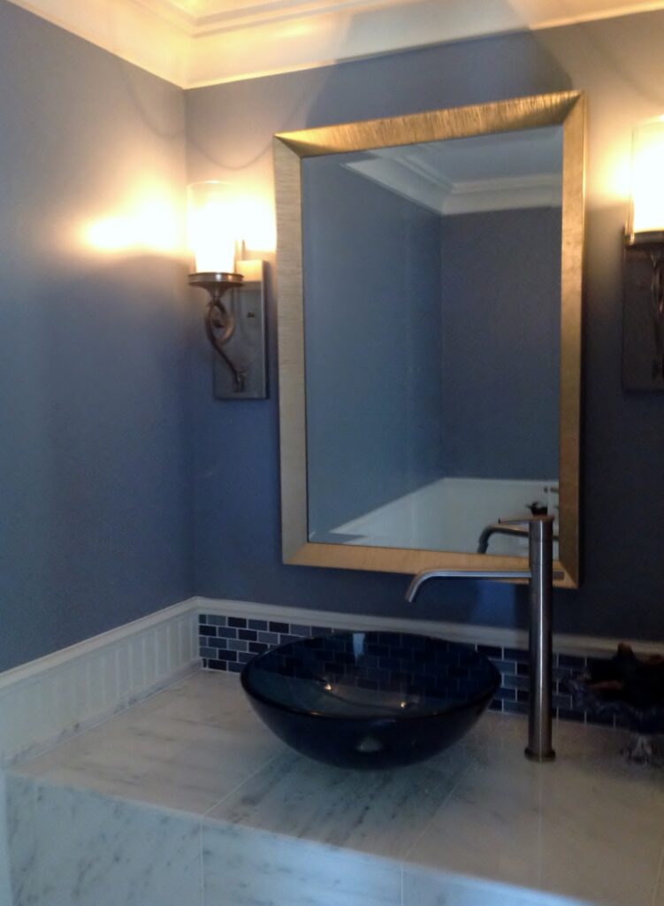 White Marble Vanity, Blue Glass vessel sink and backsplash