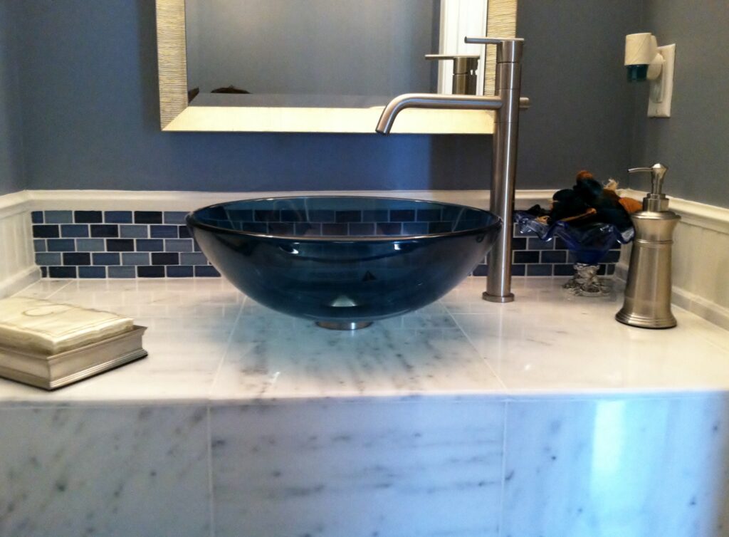 Blue Glass Sink, Glass Tiles Backsplash