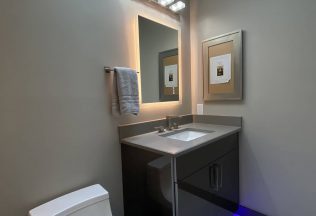 Modern Bathroom Interior Design and Remodeling, Lighting Design, Custom Laquer Vanity, Burke, VA