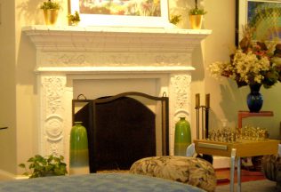 Antique Stone Neo Classical Fireplace surround, Custom Upholstered Bench Seat, interior design, Fairfax, VA