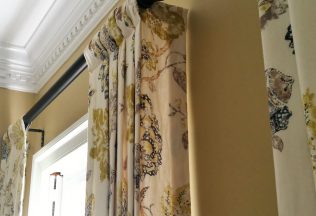 Custom Window Treatments, drapery panel detail, metal drapery poles and finials, Clifton, VA