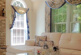 Custom Window Treatments, toile fabric swags, jabots, panels with accent banding, Fairfax Station, VA