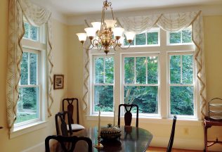 Custom window treatments, Lined Sheer Fabric with gold banding, transitional interior design, Great Falls VA