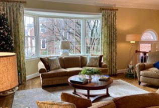 Interior Decorating, Custom drapery panels, area rug, coffee table, lamps, Fairfax VA
