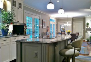Kitchen Interior Design, Curved Center Island, Lighting Design, Custom Cabinets, Fairfax Station, VA
