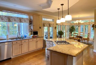 Kitchen interior decorating, lighting design, custom window treatments, Clifton, VA