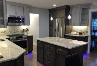 Modern Kitchen Design, Lighting Design, grey cabinets, toe kick lighting, Burke, VA