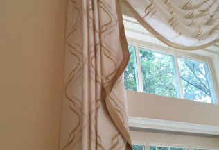 Sheer Drapery Swag and Jabot Detail with banding, Interior Design, Great Falls, VA