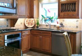 Small Kitchen planning and design, Cherry kitchen cabinets, green quarry tile stone flooring, Centreville, VA