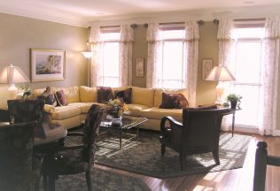 Townhome interior design, Yellow Sectional sofa, Sheer Drapery, custom carpets, Fairfax VA