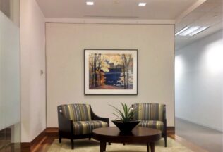 Office Reception area, Interior Design, custom carpet, Torpedo Factory artist Elvina McCormick artwork, Arlington VA