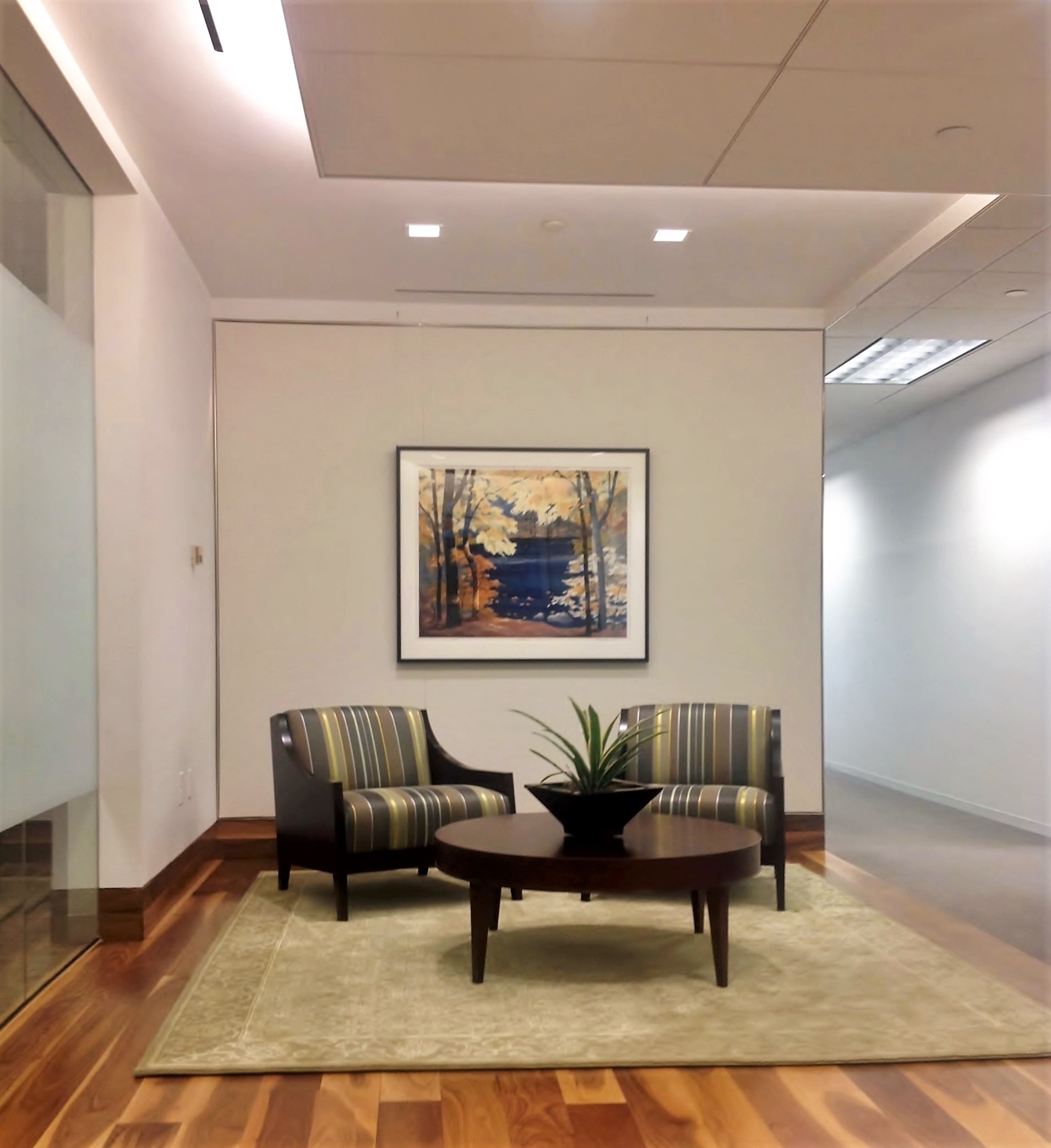 Office Reception area, Interior Design, custom carpet, Torpedo Factory artist Elvina McCormick artwork, Arlington VA