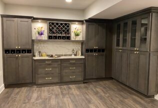 Grey Cabinets, Buffet Bar, added storage basement remodeling